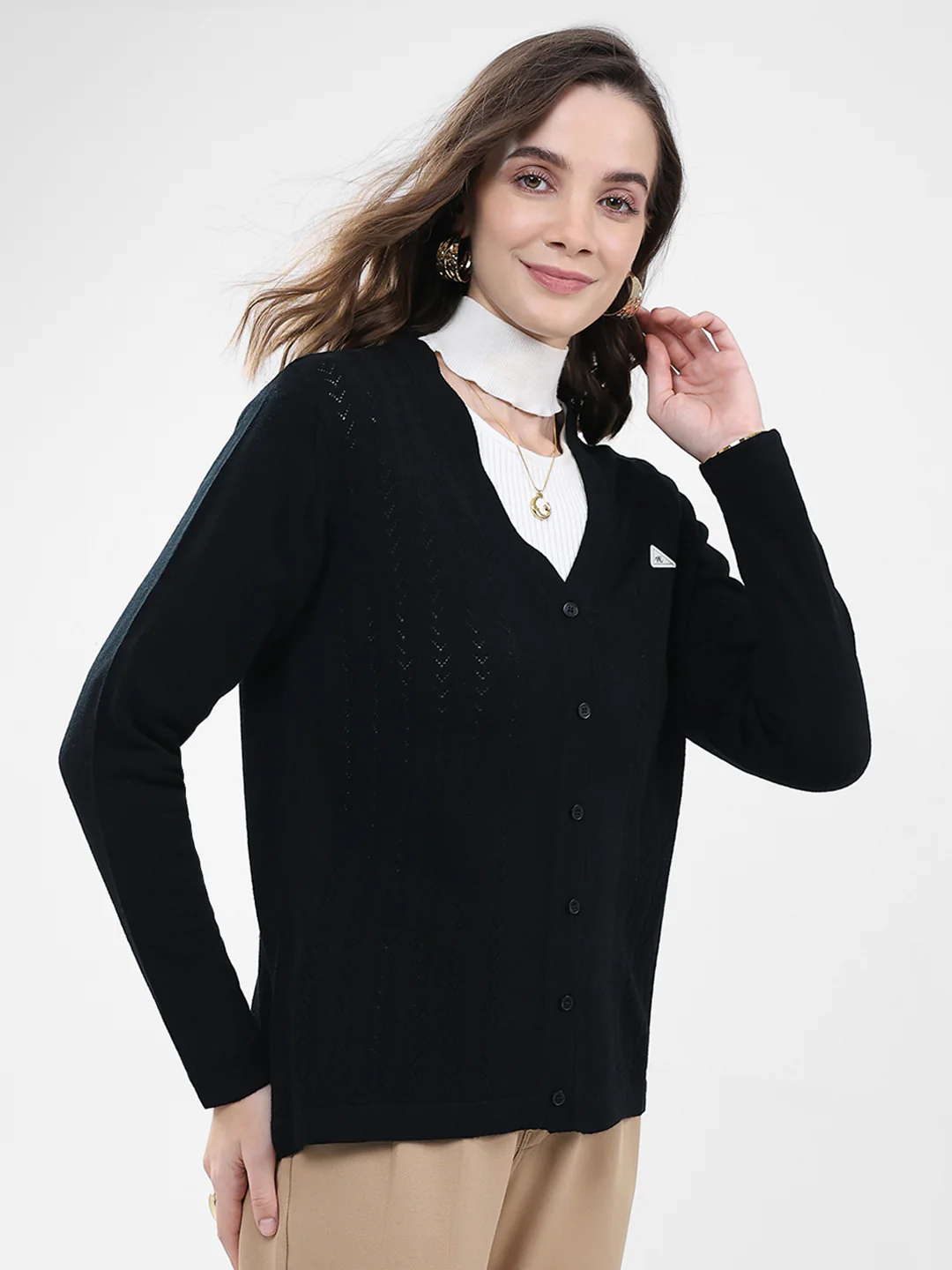 Women Black Self Design V Neck Full Sleeve Cardigan - Image 4