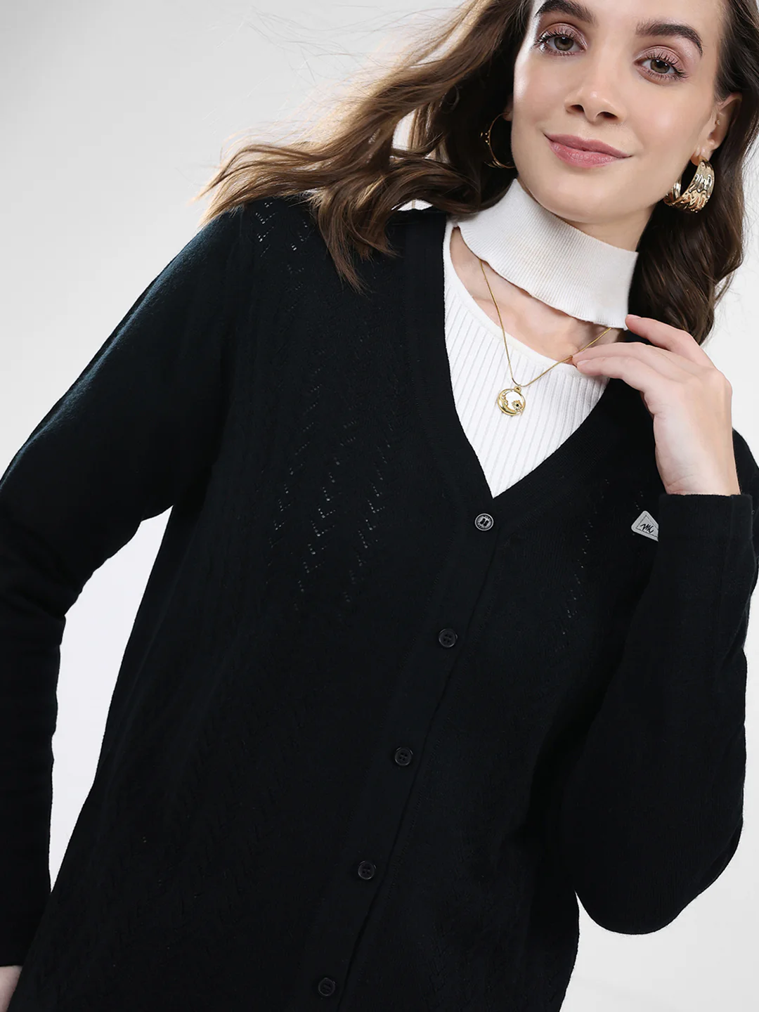 Women Black Self Design V Neck Full Sleeve Cardigan - Image 7