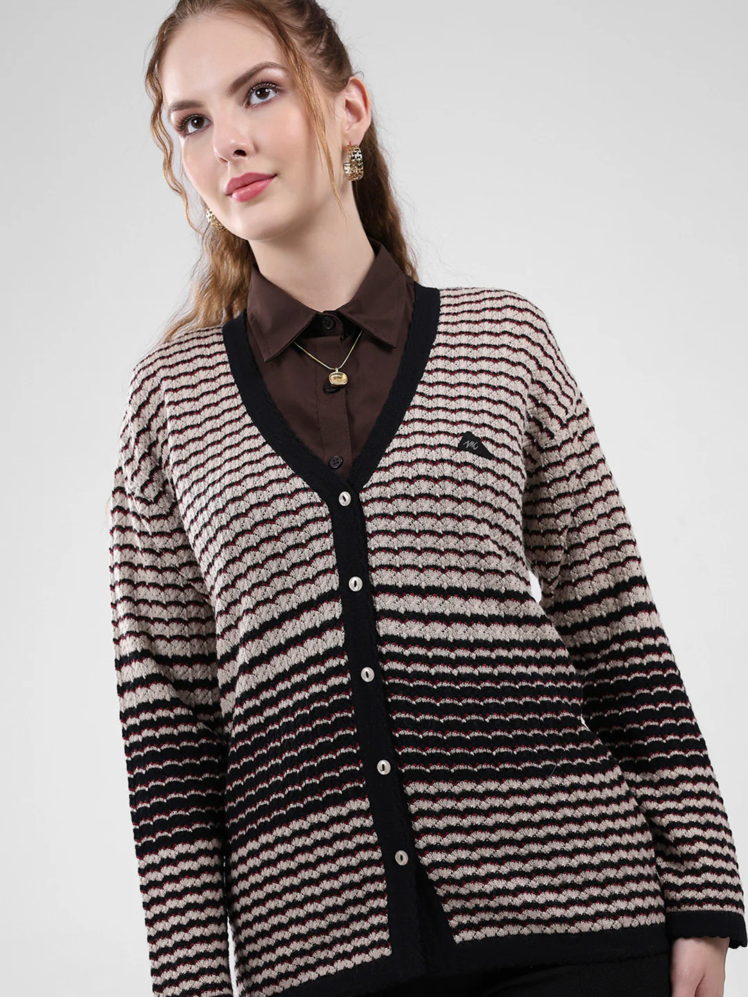 Women Black Self Design V Neck Full Sleeve Cardigan - Image 6