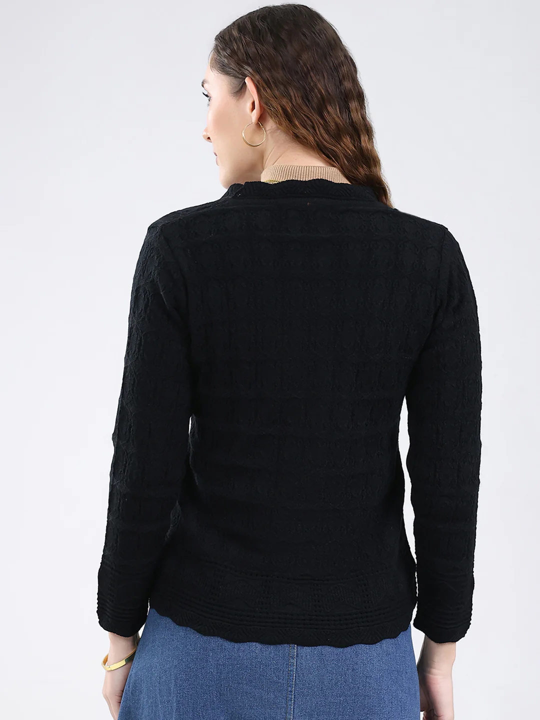 Women Black Self Design V Neck Full Sleeve Cardigan - Image 5