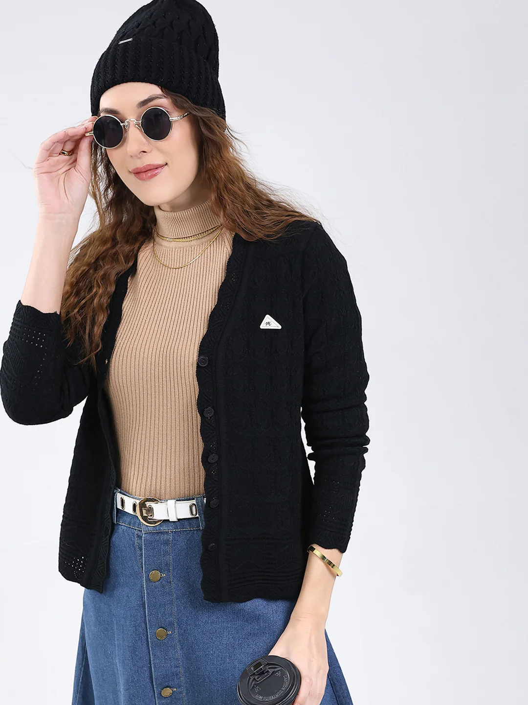 Women Black Self Design V Neck Full Sleeve Cardigan - Image 6