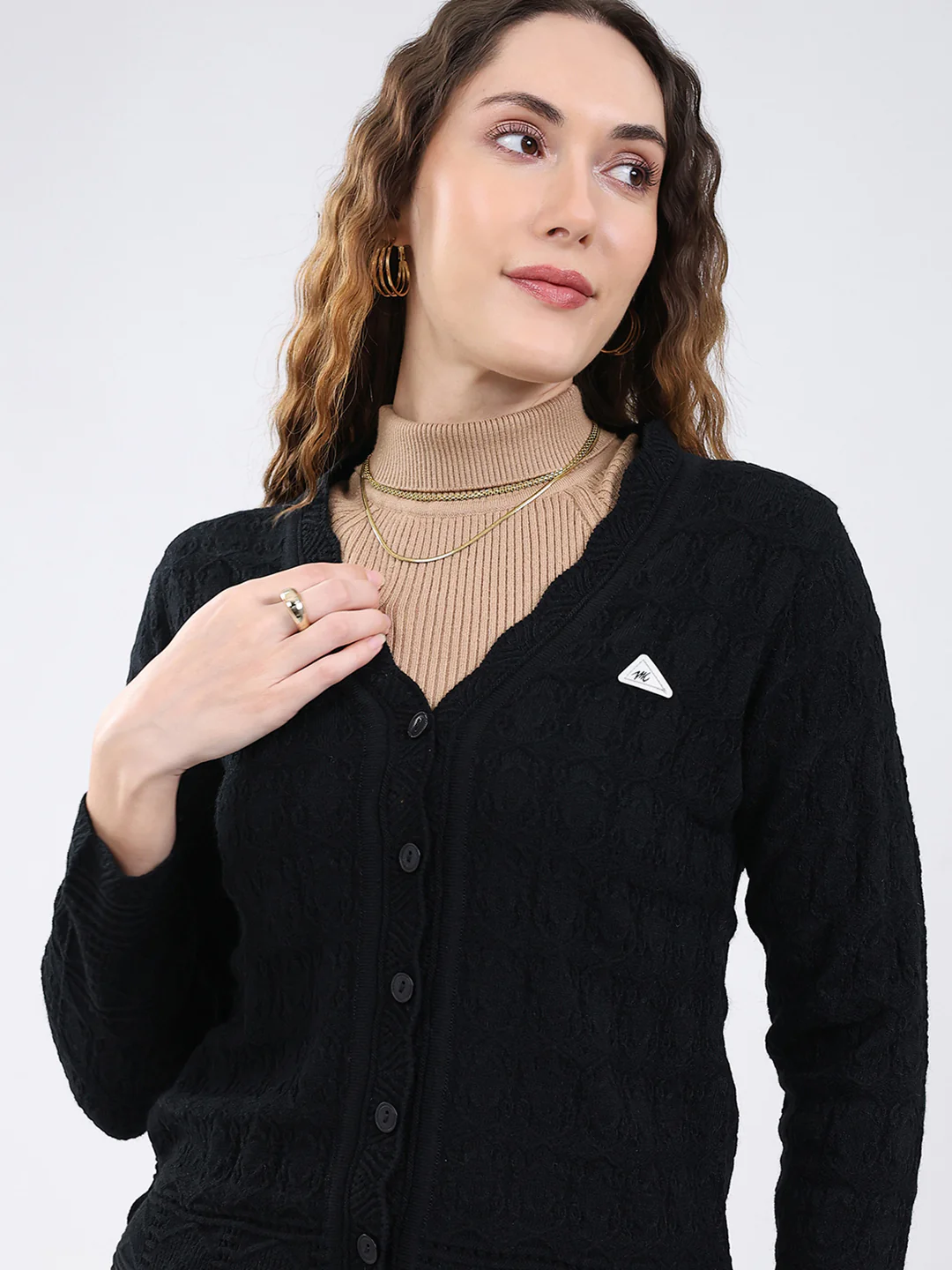 Women Black Self Design V Neck Full Sleeve Cardigan - Image 7