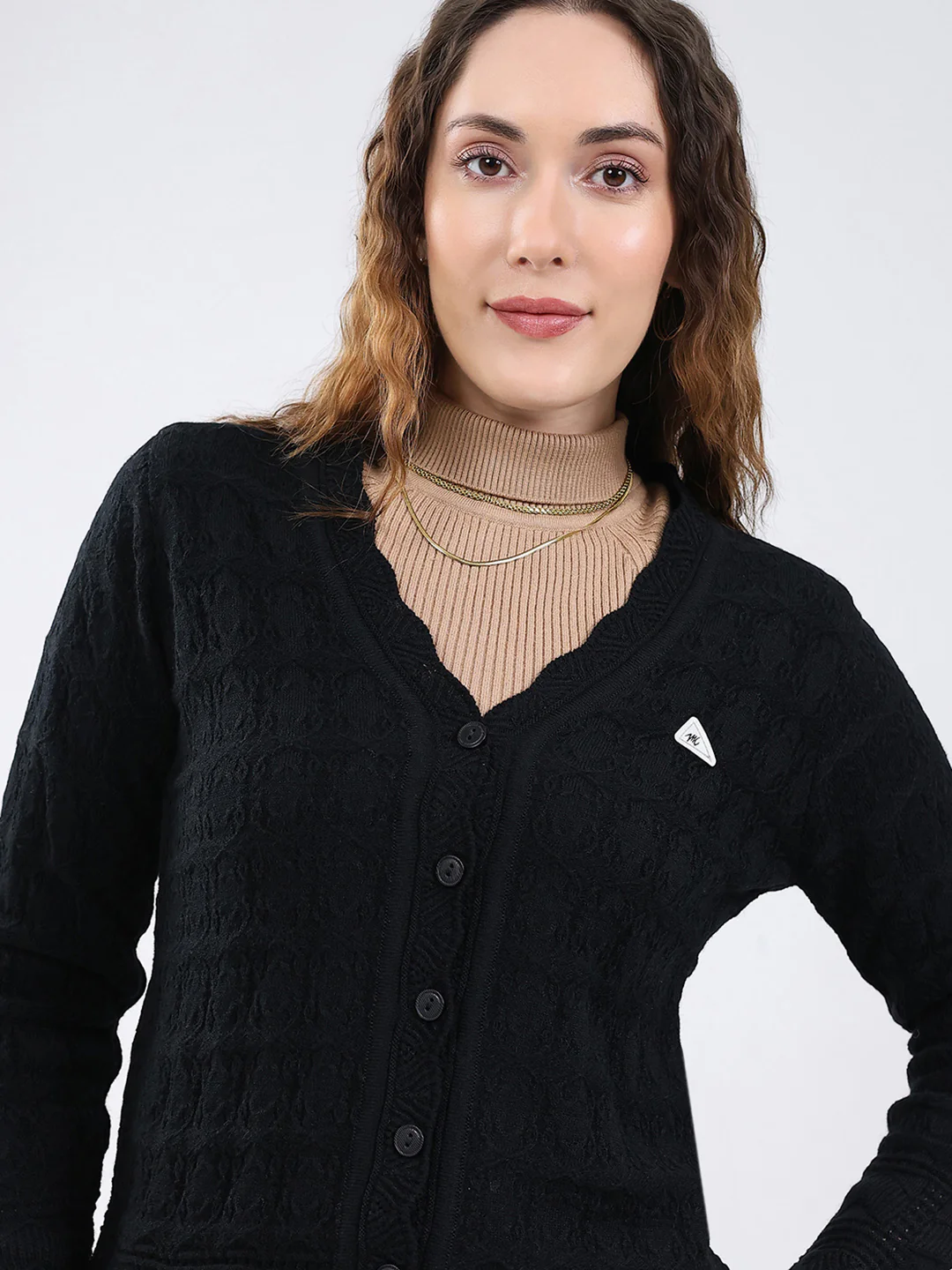 Women Black Self Design V Neck Full Sleeve Cardigan - Image 8