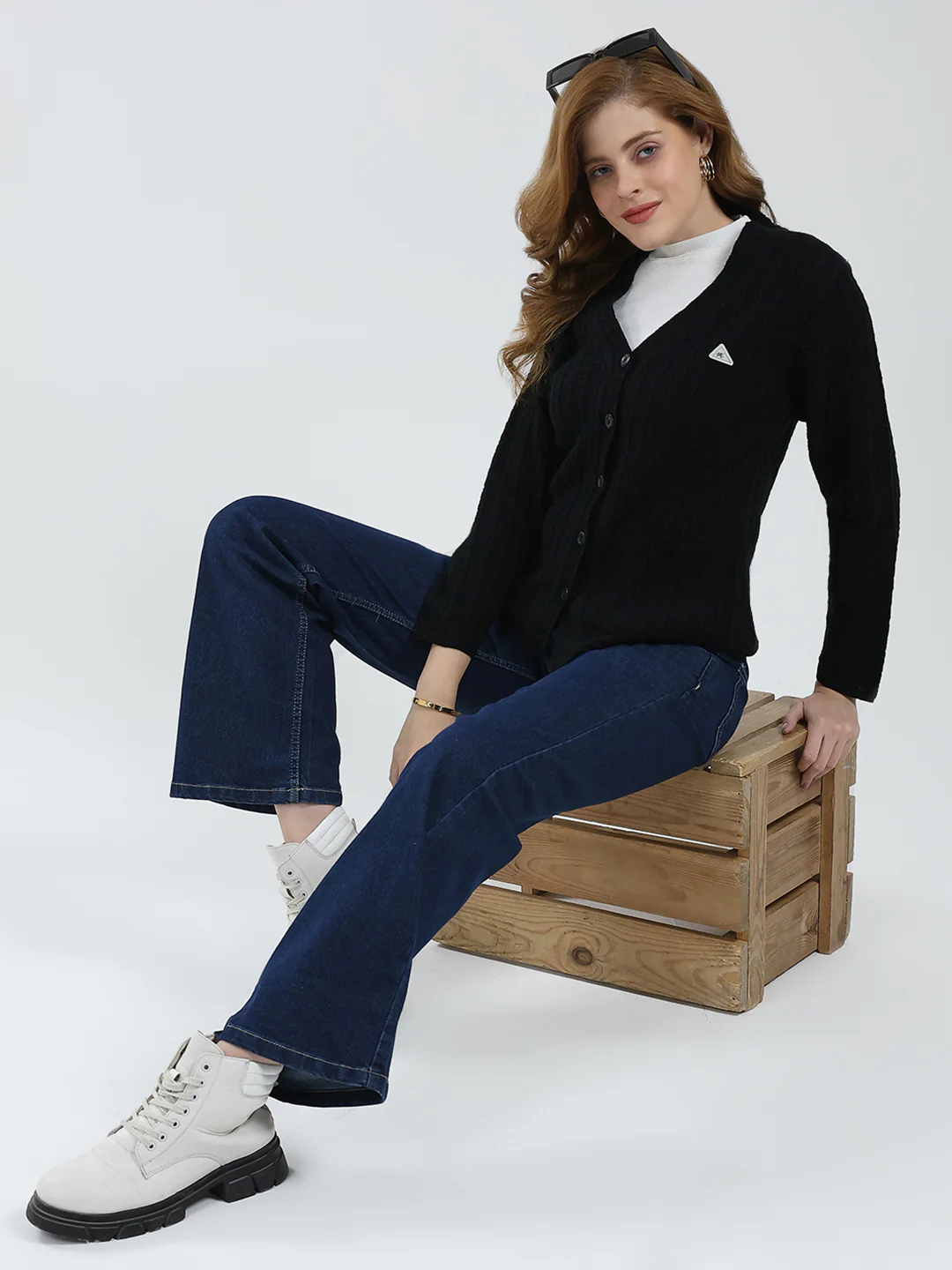 Women Black Self Design V Neck Full Sleeve Cardigan - Image 2