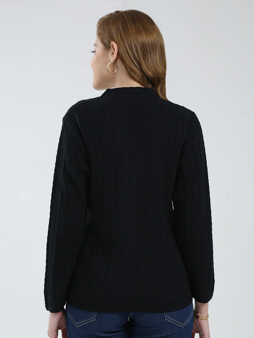 Women Black Self Design V Neck Full Sleeve Cardigan - Image 5