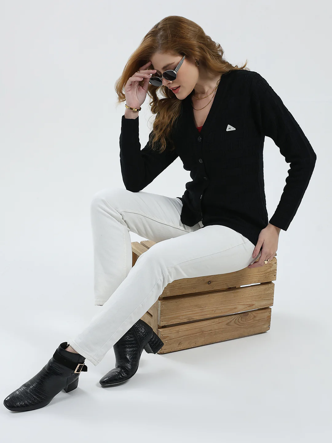 Women Black Self Design V Neck Full Sleeve Cardigan - Image 2