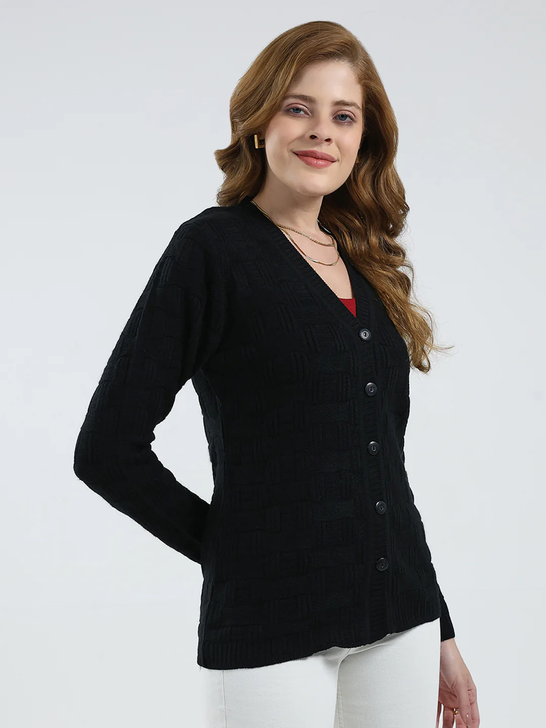 Women Black Self Design V Neck Full Sleeve Cardigan - Image 4