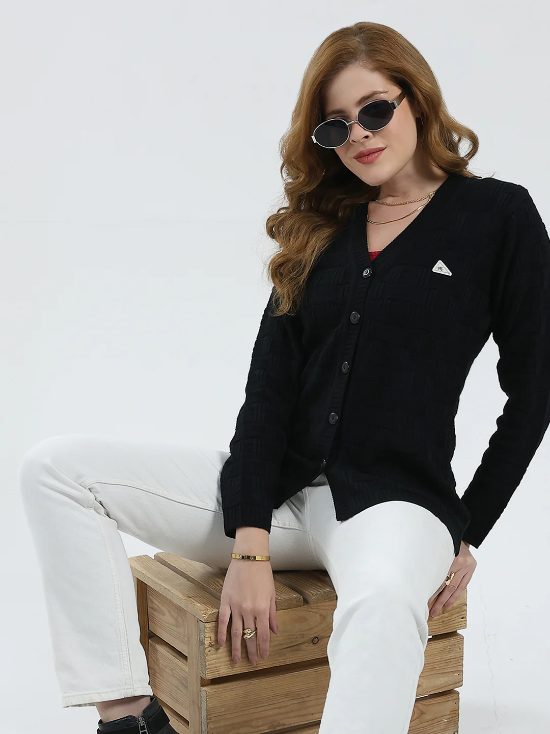 Women Black Self Design V Neck Full Sleeve Cardigan - Image 6