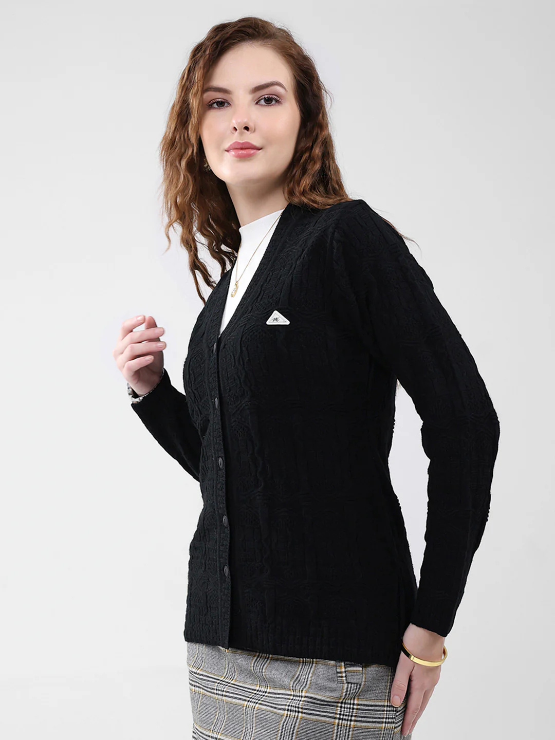 Women Black Self Design V Neck Full Sleeve Cardigan - Image 3