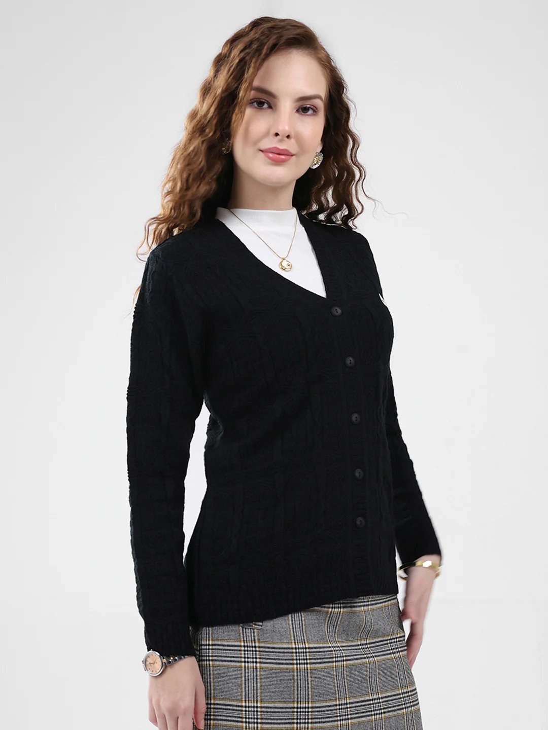 Women Black Self Design V Neck Full Sleeve Cardigan - Image 4