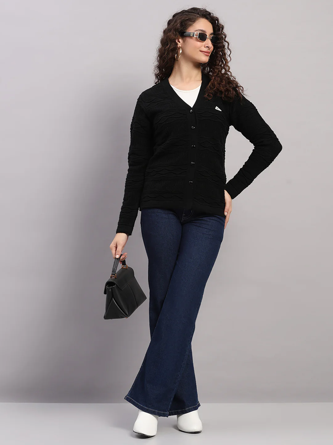 Women Black Self Design V Neck Full Sleeve Cardigan - Image 2
