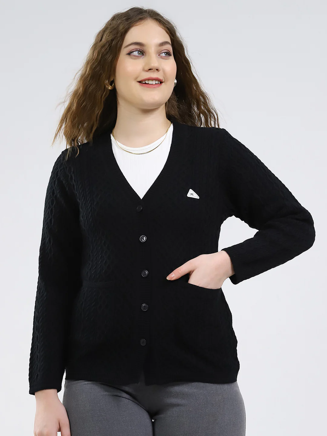 Women Black Self Design V Neck Full Sleeve Cardigan