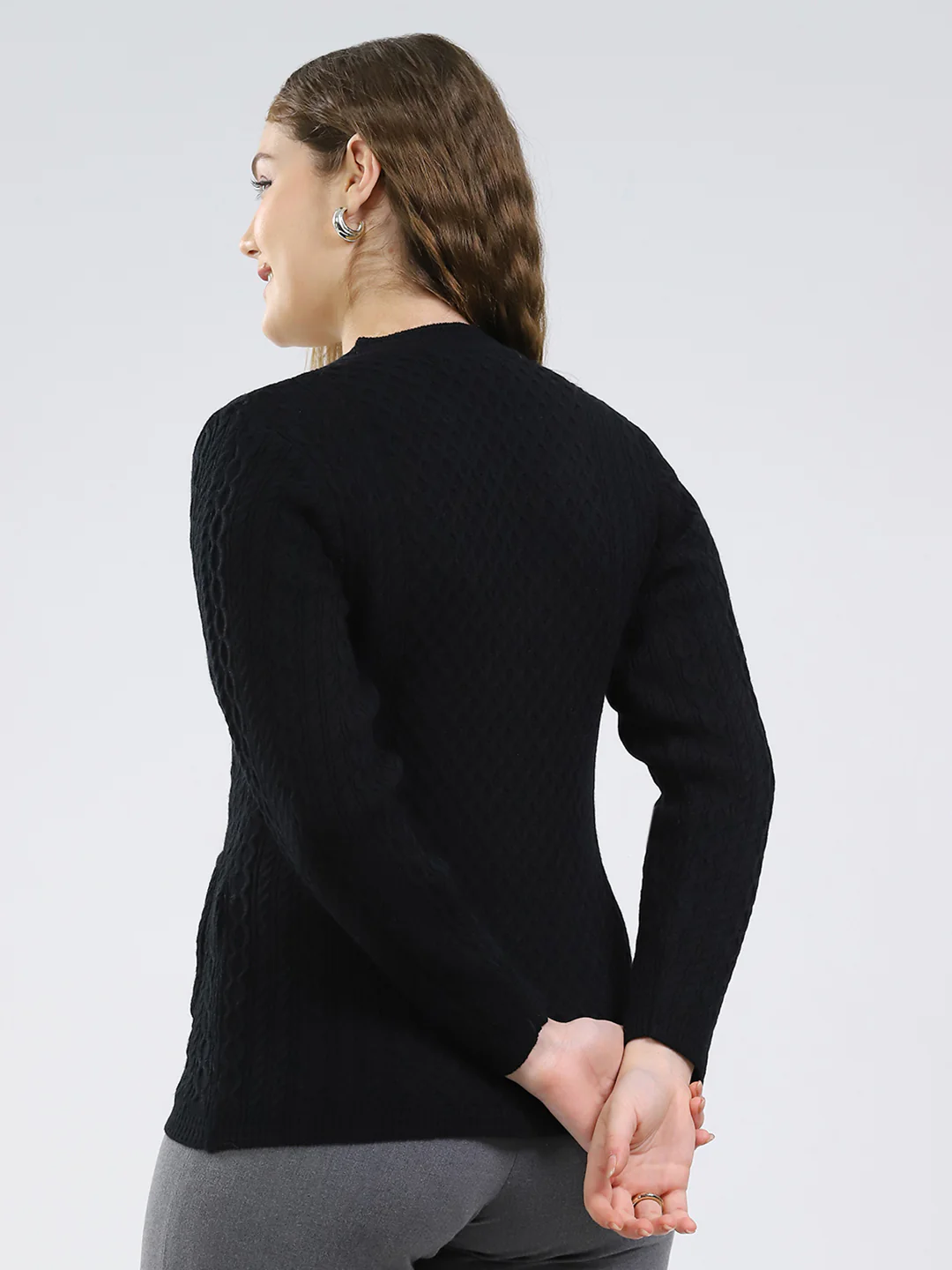 Women Black Self Design V Neck Full Sleeve Cardigan - Image 5