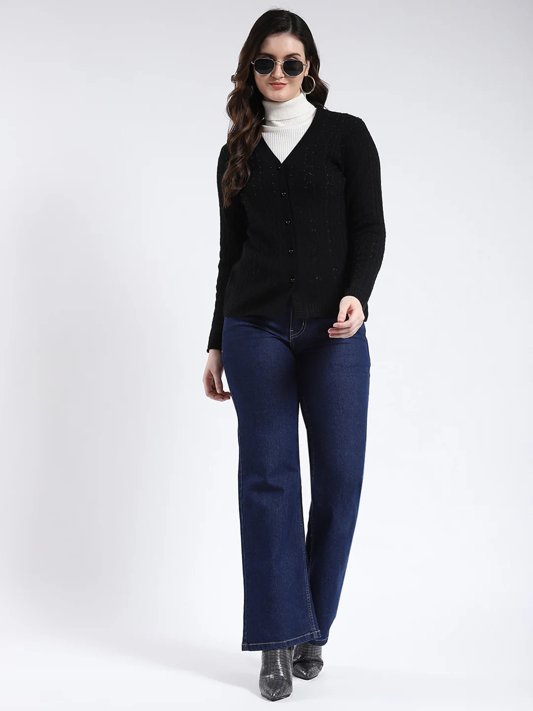 Women Black Self Design V Neck Full Sleeve Cardigan - Image 2