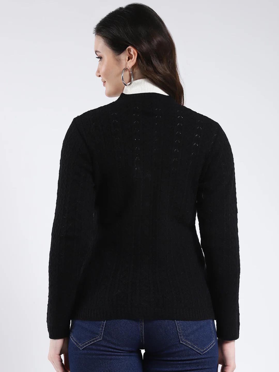 Women Black Self Design V Neck Full Sleeve Cardigan - Image 5