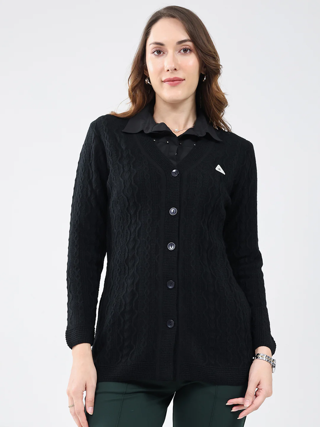 Women Black Self Design V Neck Full Sleeve Cardigan