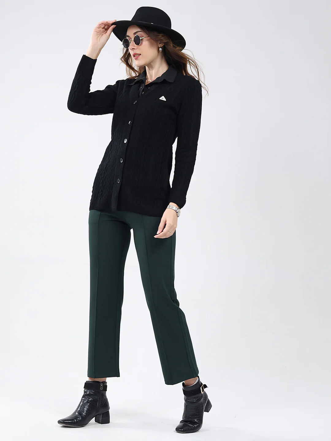 Women Black Self Design V Neck Full Sleeve Cardigan - Image 2