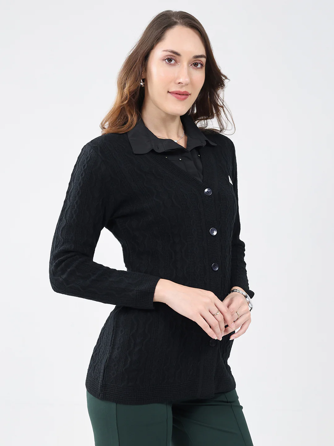 Women Black Self Design V Neck Full Sleeve Cardigan - Image 4