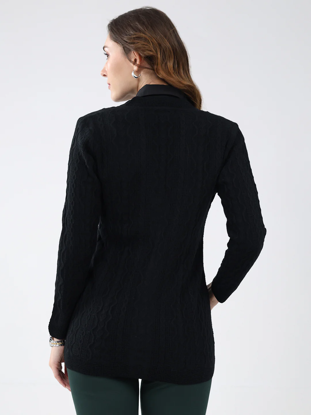 Women Black Self Design V Neck Full Sleeve Cardigan - Image 5