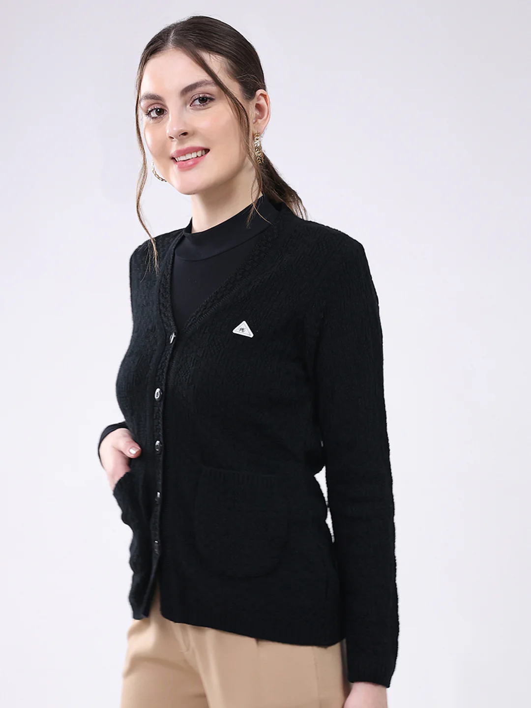 Women Black Self Design V Neck Full Sleeve Cardigan - Image 3