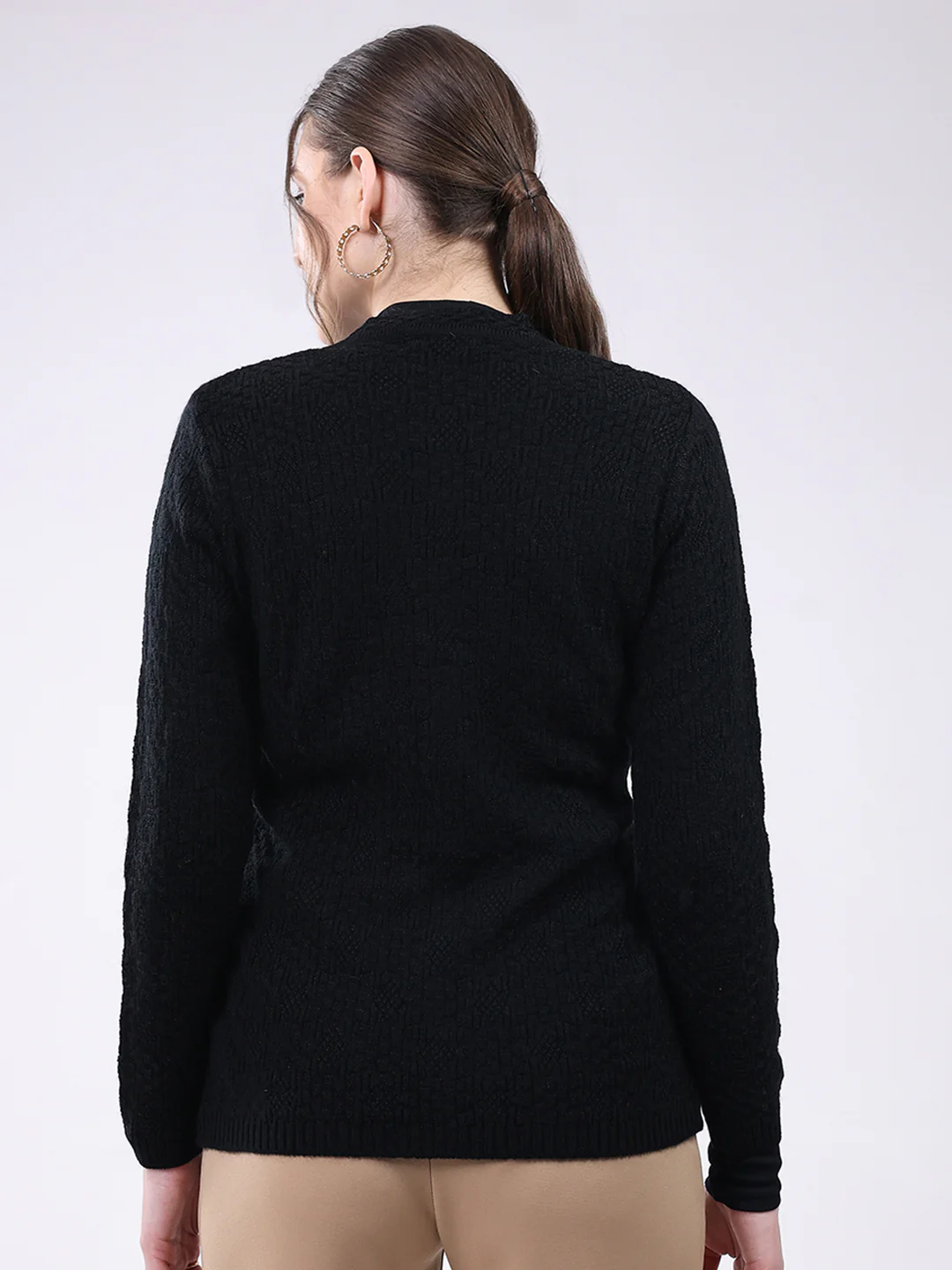 Women Black Self Design V Neck Full Sleeve Cardigan - Image 5