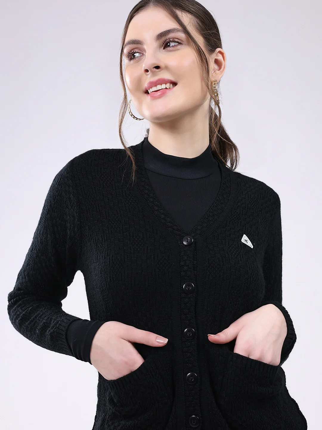 Women Black Self Design V Neck Full Sleeve Cardigan - Image 6