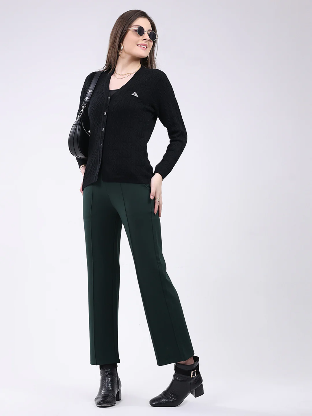 Women Black Self Design V Neck Full Sleeve Cardigan - Image 2