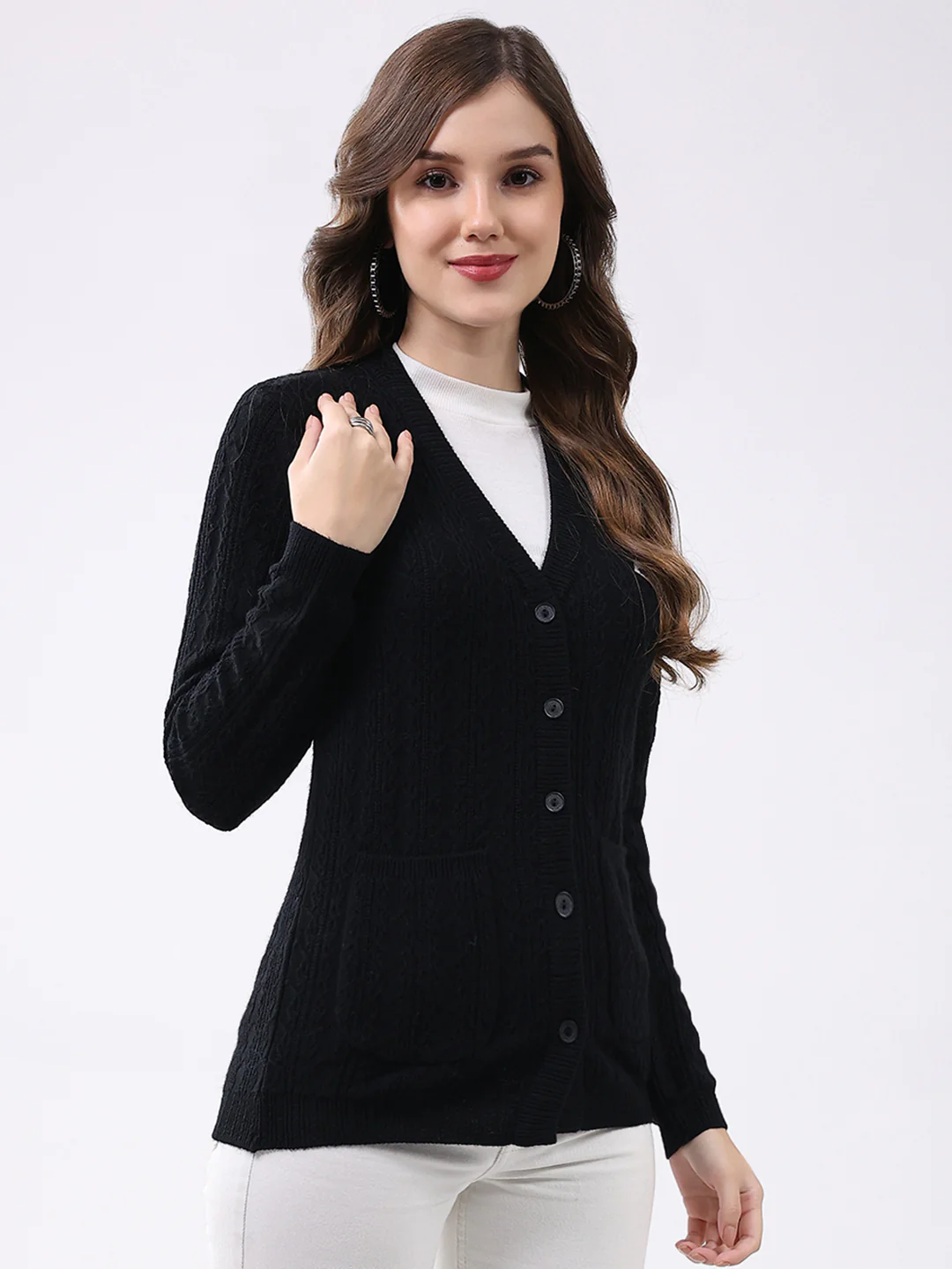 Women Black Self Design V Neck Full Sleeve Cardigan - Image 4