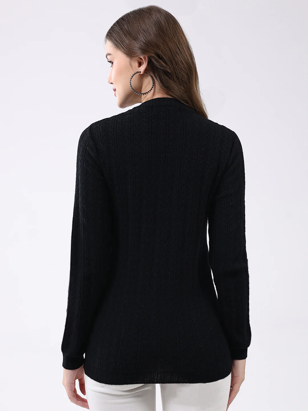 Women Black Self Design V Neck Full Sleeve Cardigan - Image 5
