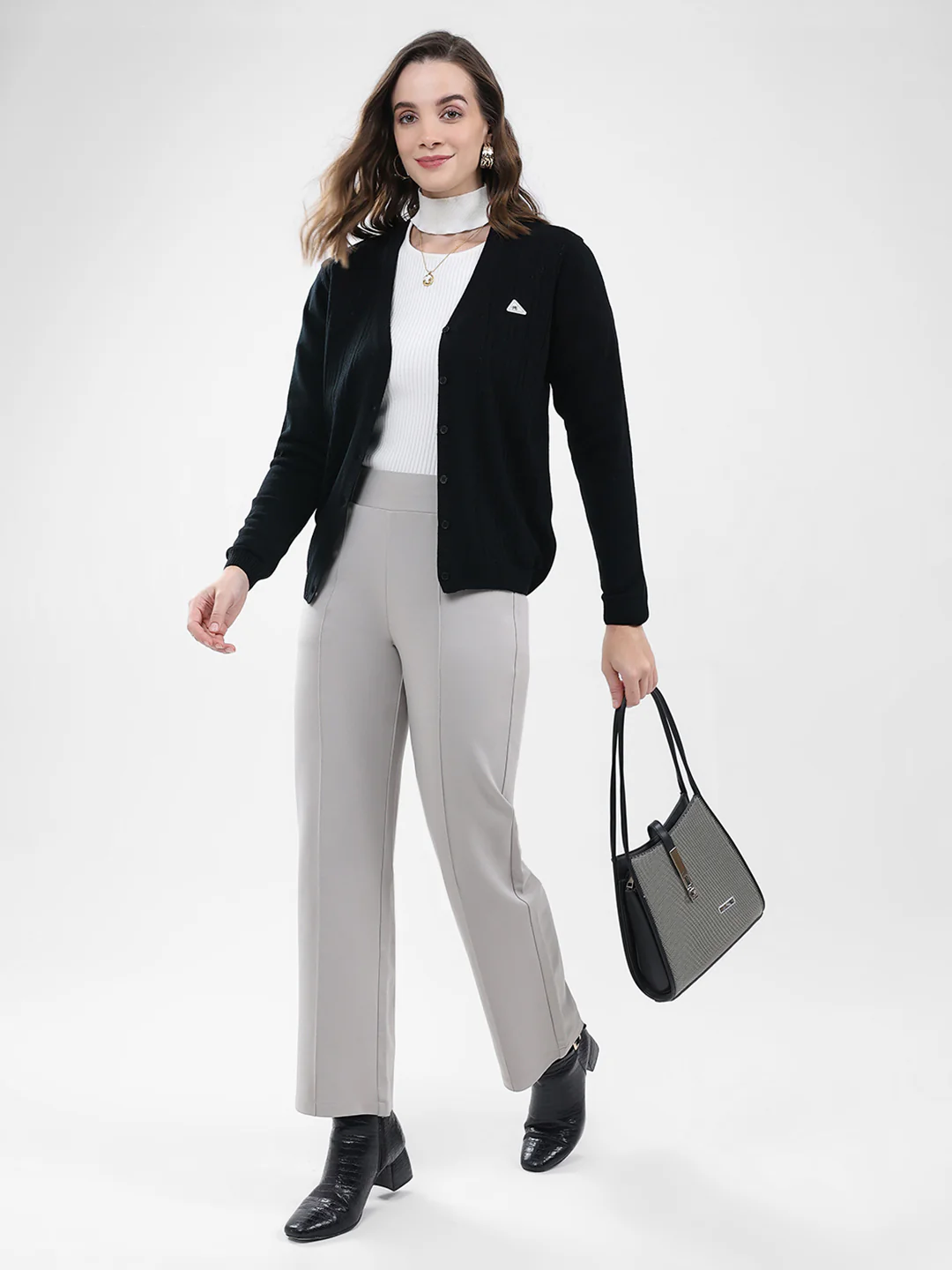 Women Black Self Design V Neck Full Sleeve Cardigan - Image 2