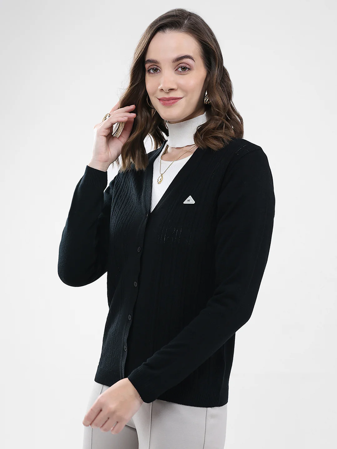 Women Black Self Design V Neck Full Sleeve Cardigan - Image 3