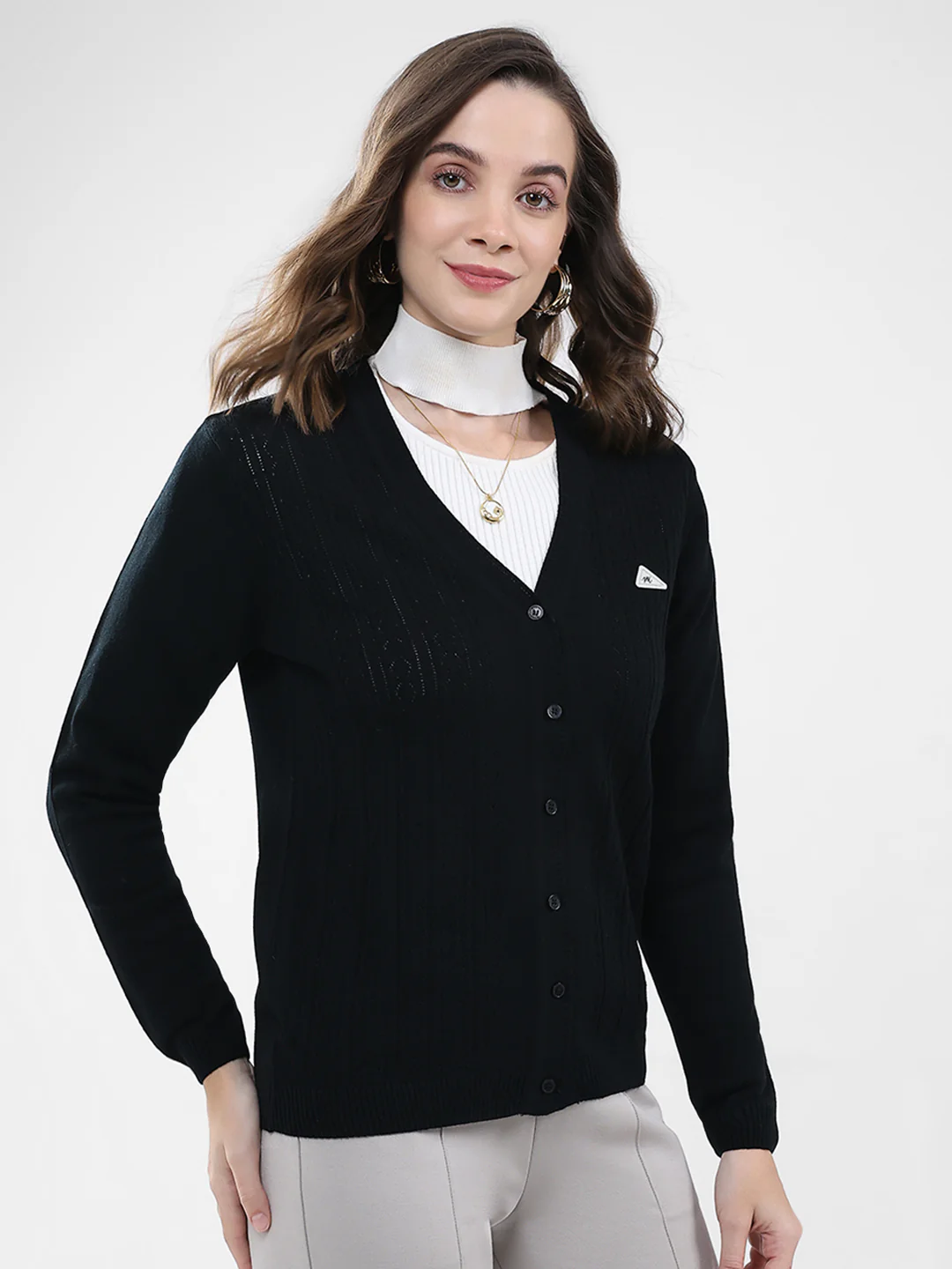 Women Black Self Design V Neck Full Sleeve Cardigan - Image 4