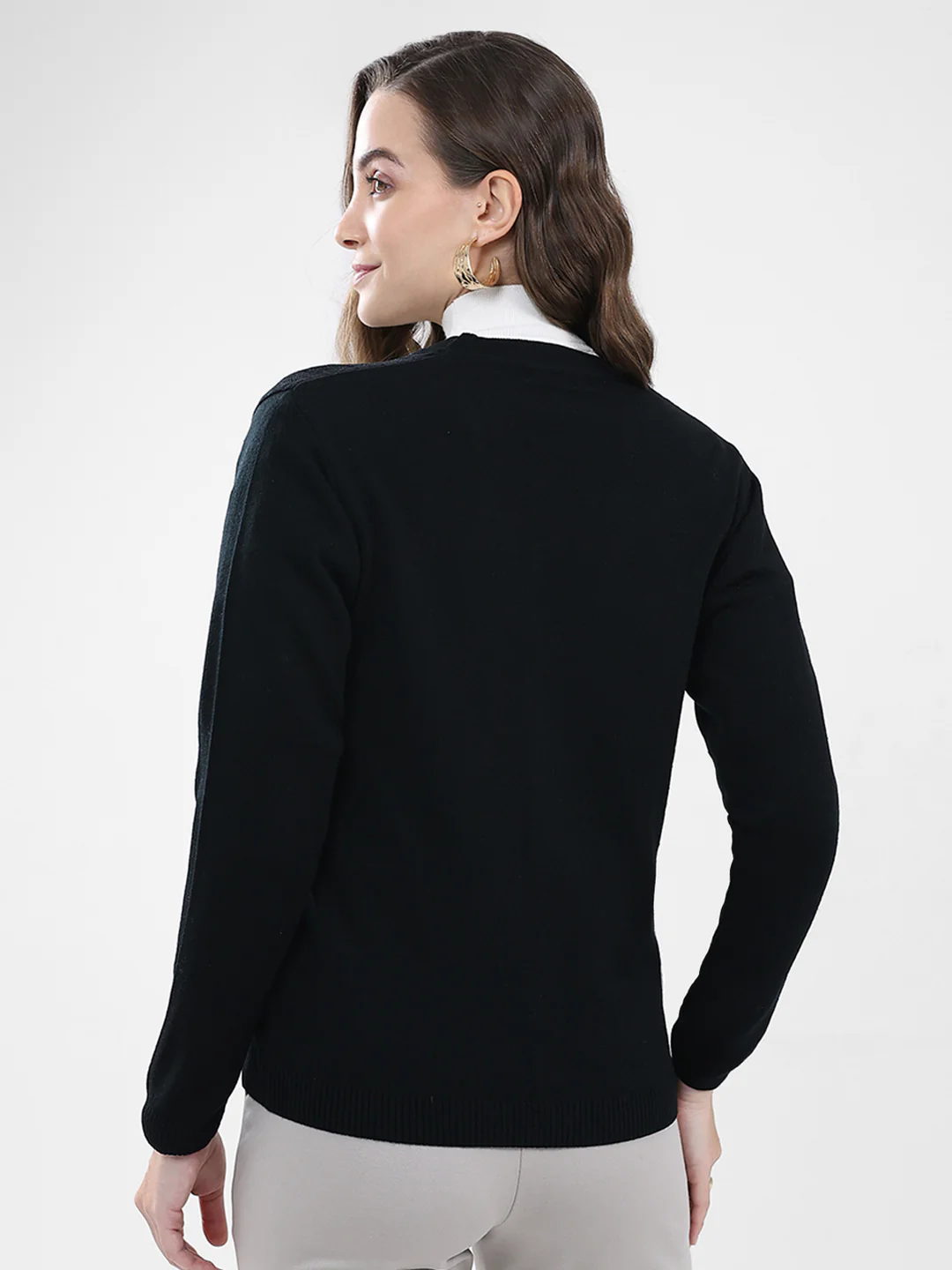 Women Black Self Design V Neck Full Sleeve Cardigan - Image 5