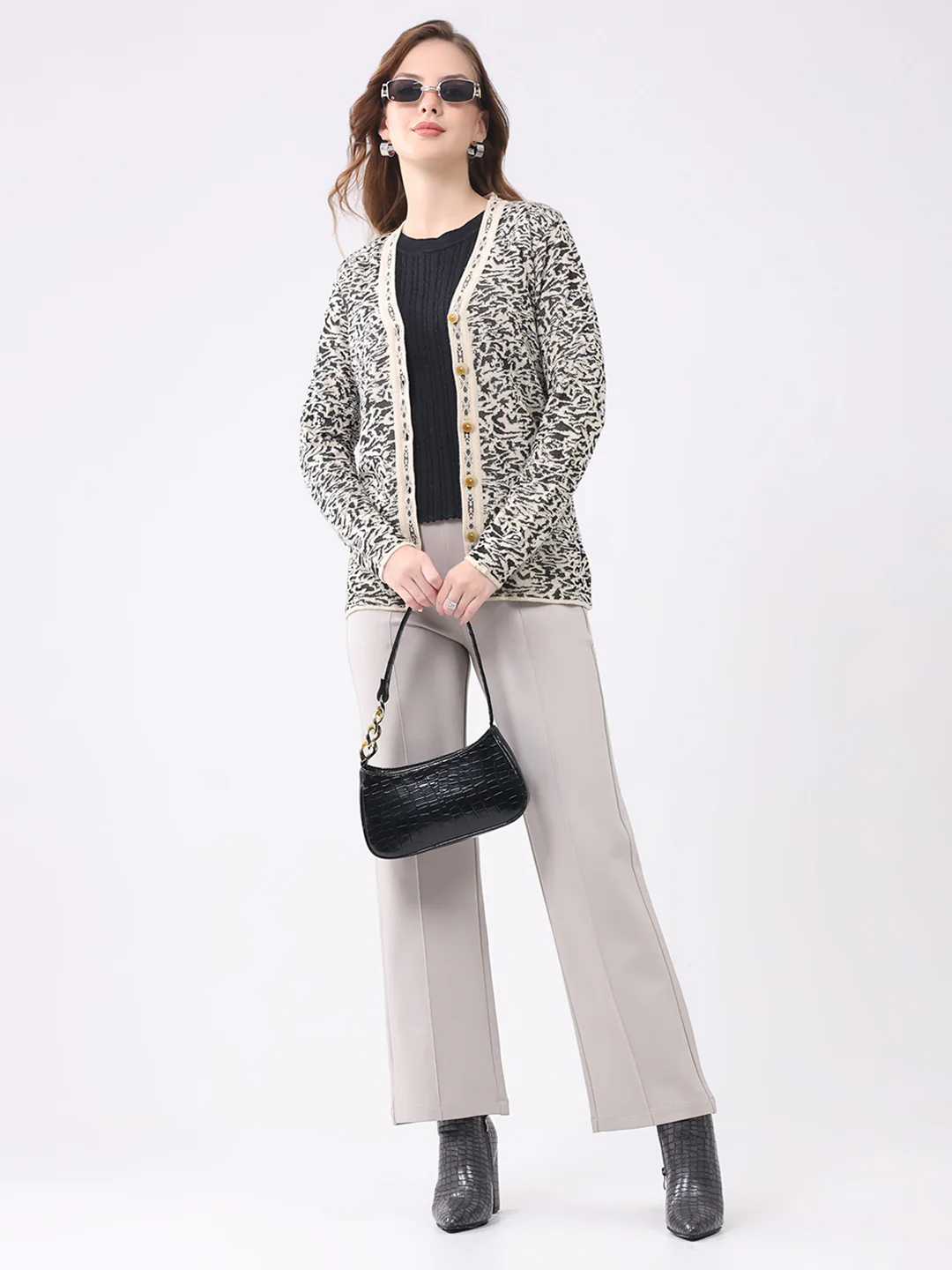 Women Black Self Design V Neck Full Sleeve Cardigan - Image 2