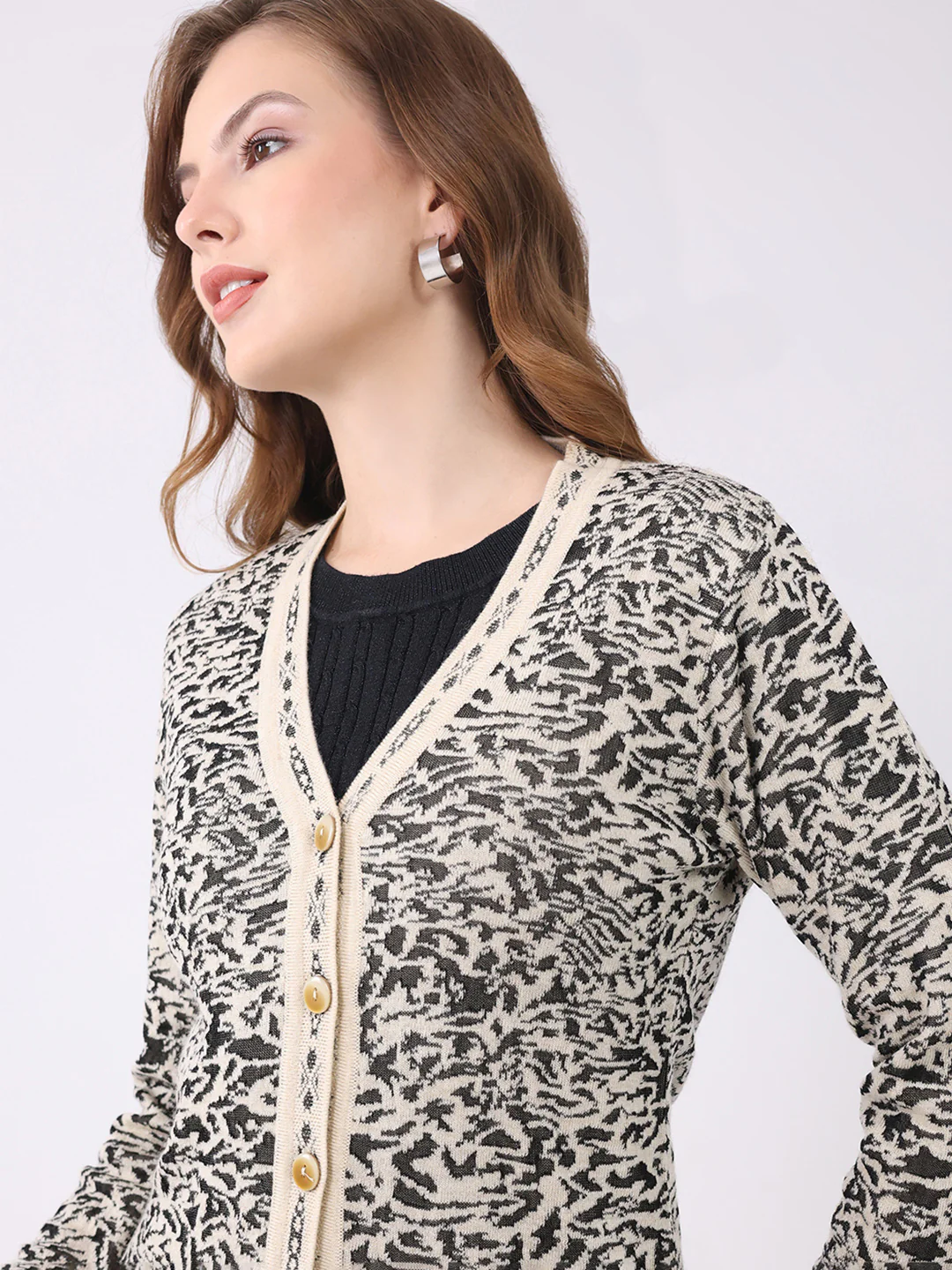 Women Black Self Design V Neck Full Sleeve Cardigan - Image 7