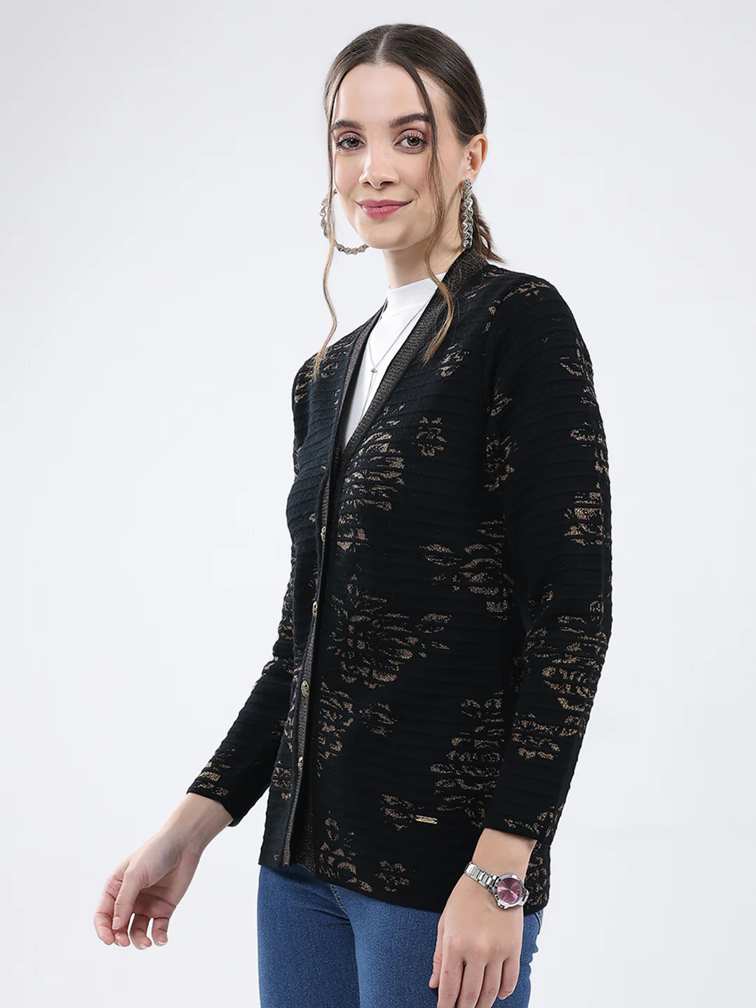 Women Black Self Design V Neck Full Sleeve Cardigan - Image 3