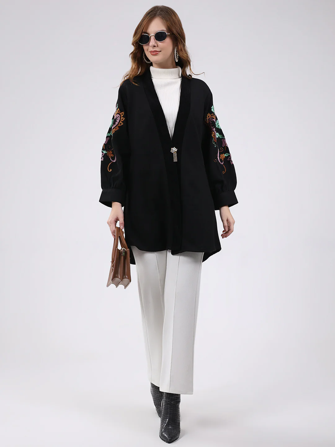 Women Black Self Design V Neck Full Sleeve Cardigan - Image 2
