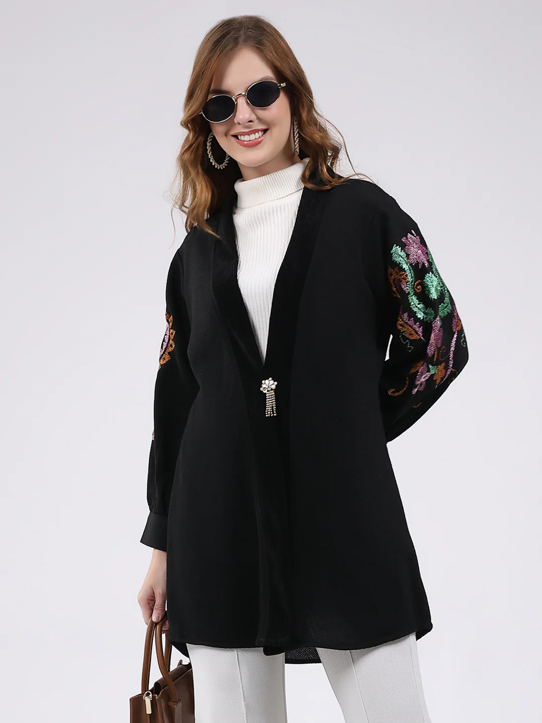 Women Black Self Design V Neck Full Sleeve Cardigan - Image 6