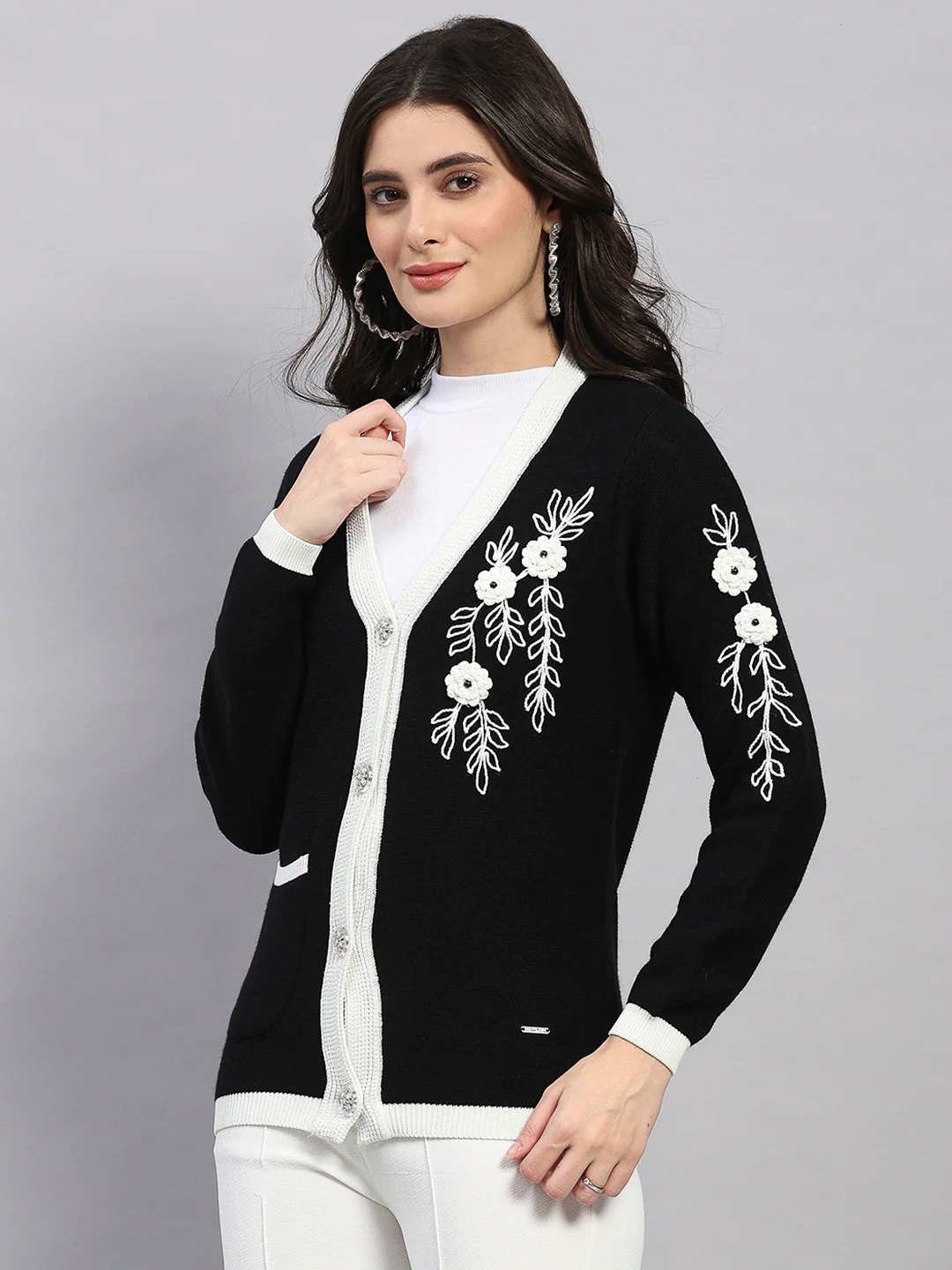Women Black Self Design V Neck Full Sleeve Cardigan - Image 3