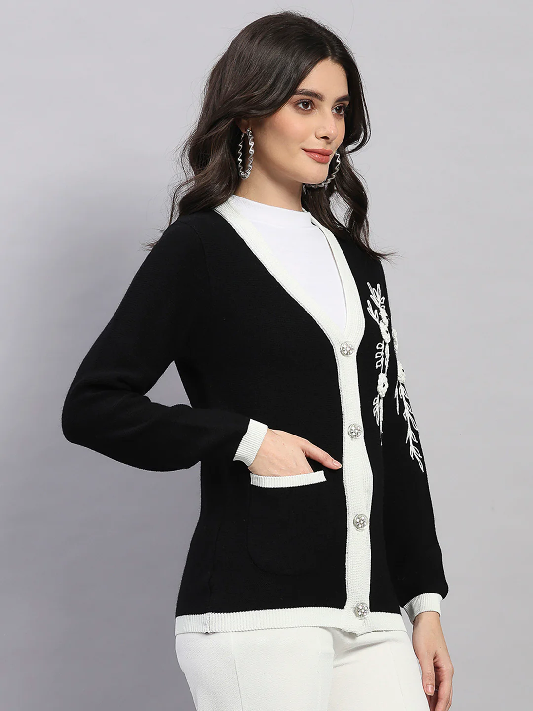 Women Black Self Design V Neck Full Sleeve Cardigan - Image 4