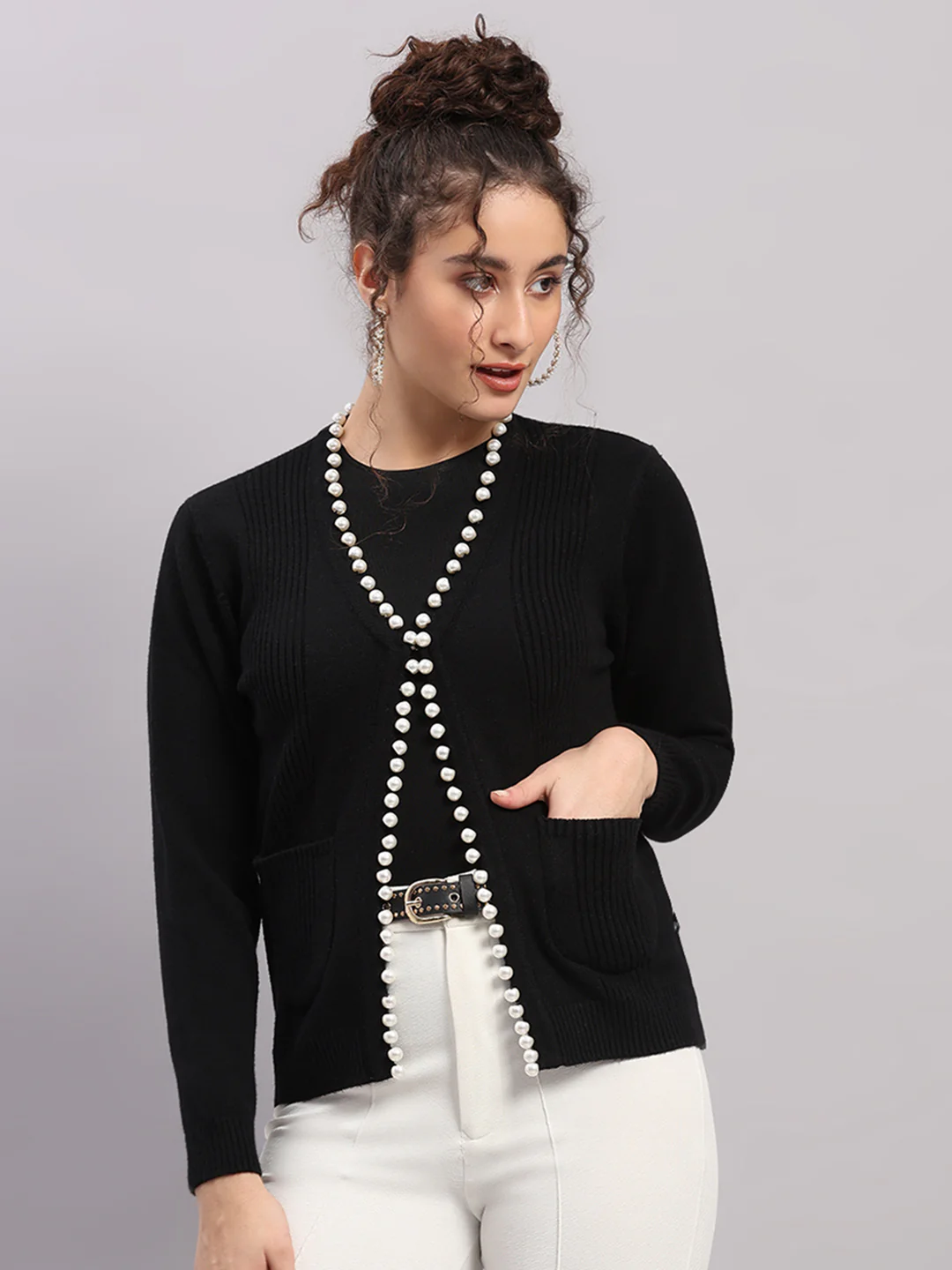 Women Black Self Design V Neck Full Sleeve Cardigan