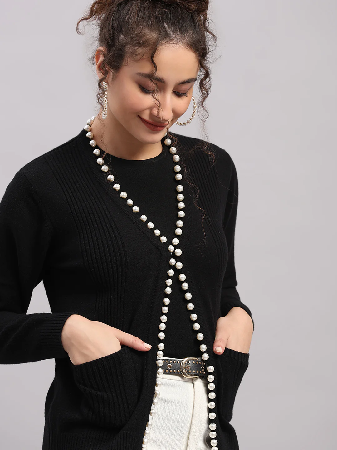 Women Black Self Design V Neck Full Sleeve Cardigan - Image 6