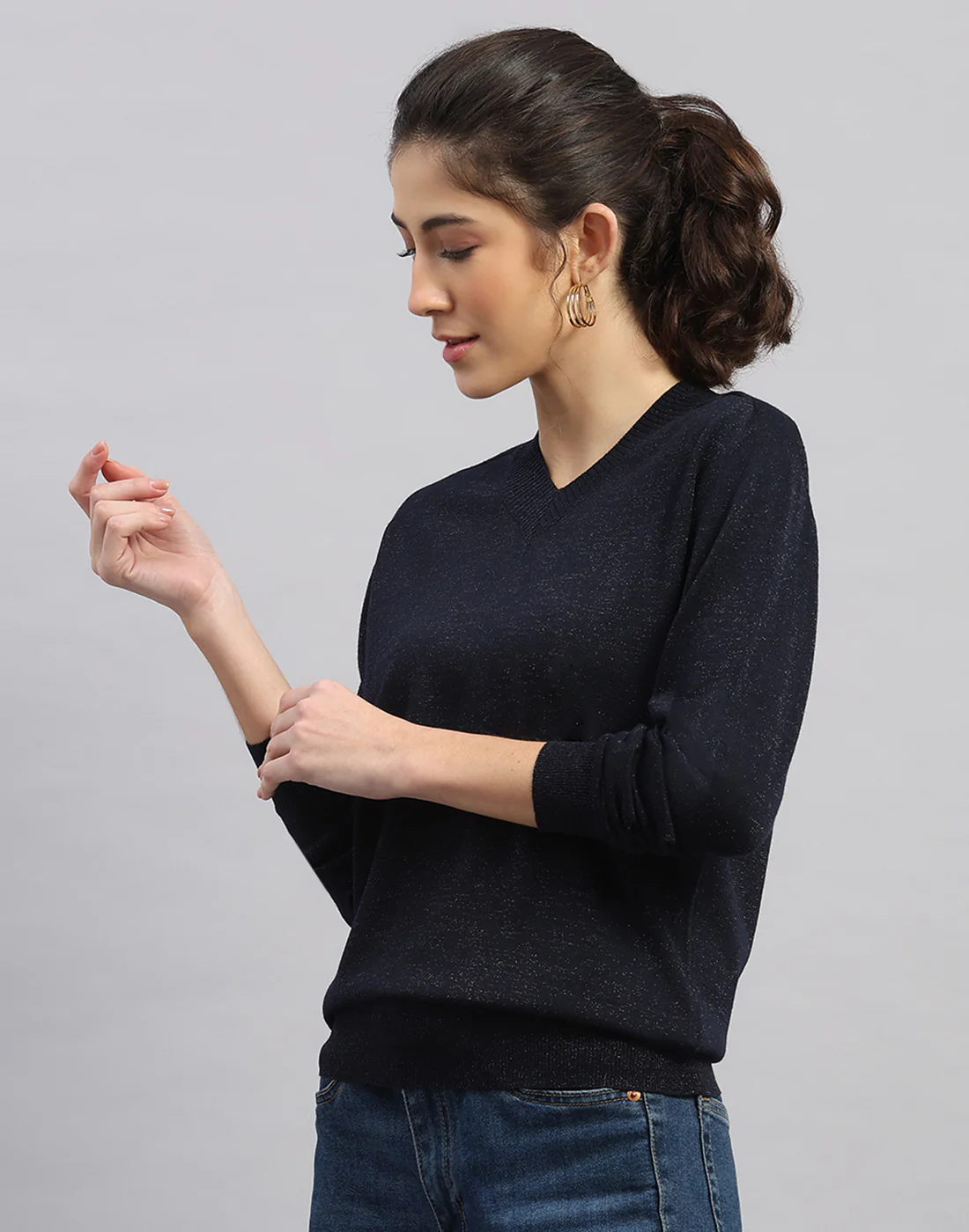 Women Black Self Design V Neck Full Sleeve Winter Top - Image 2