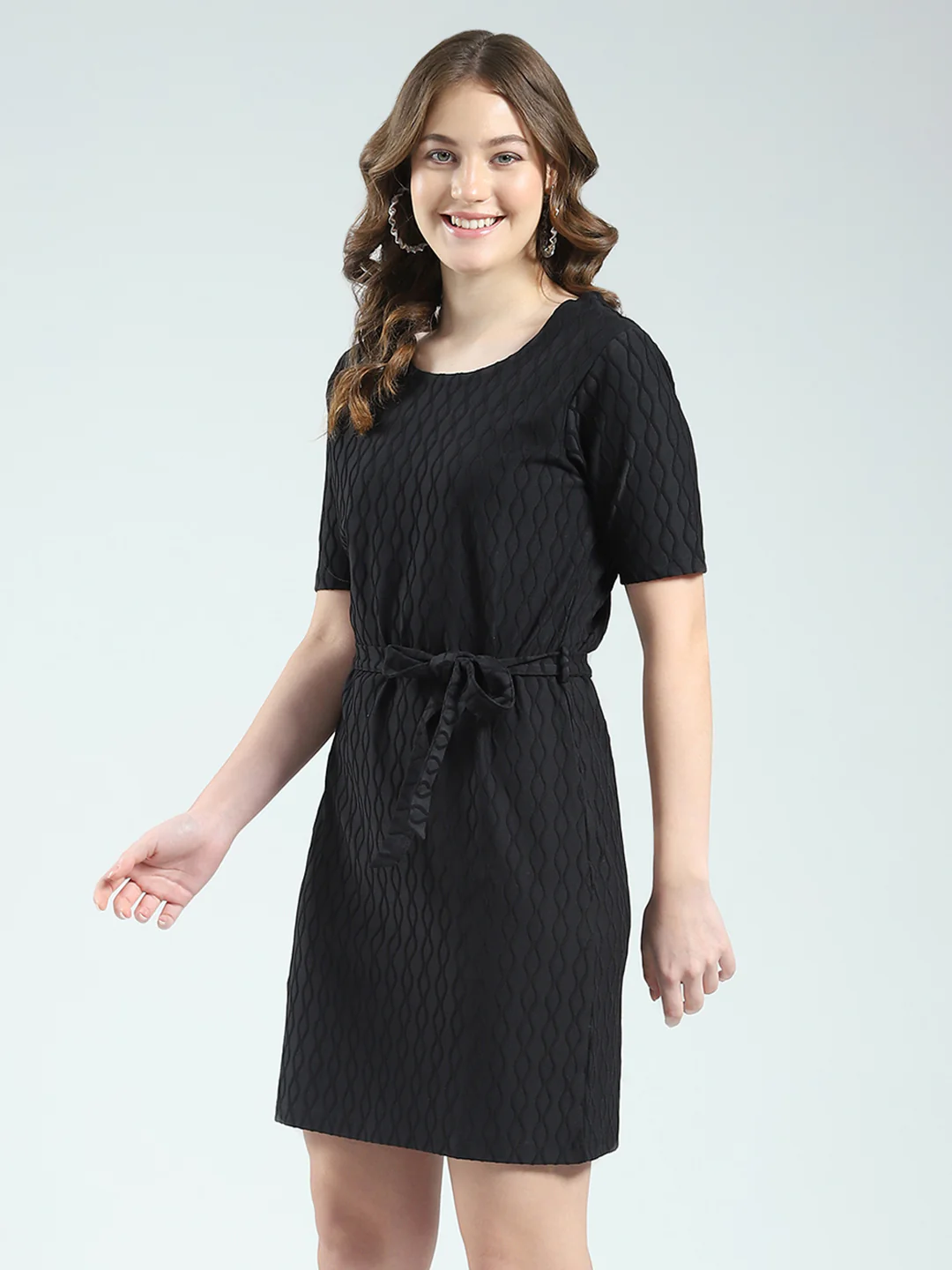 Women Black Self Design Round Neck Half Sleeve Dress - Image 4