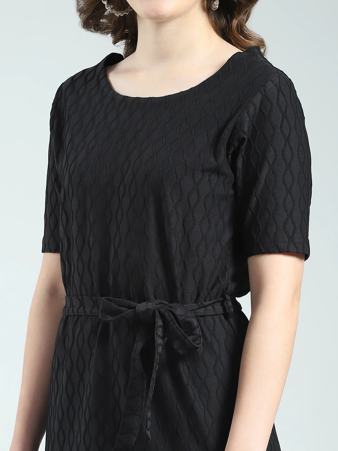 Women Black Self Design Round Neck Half Sleeve Dress - Image 7