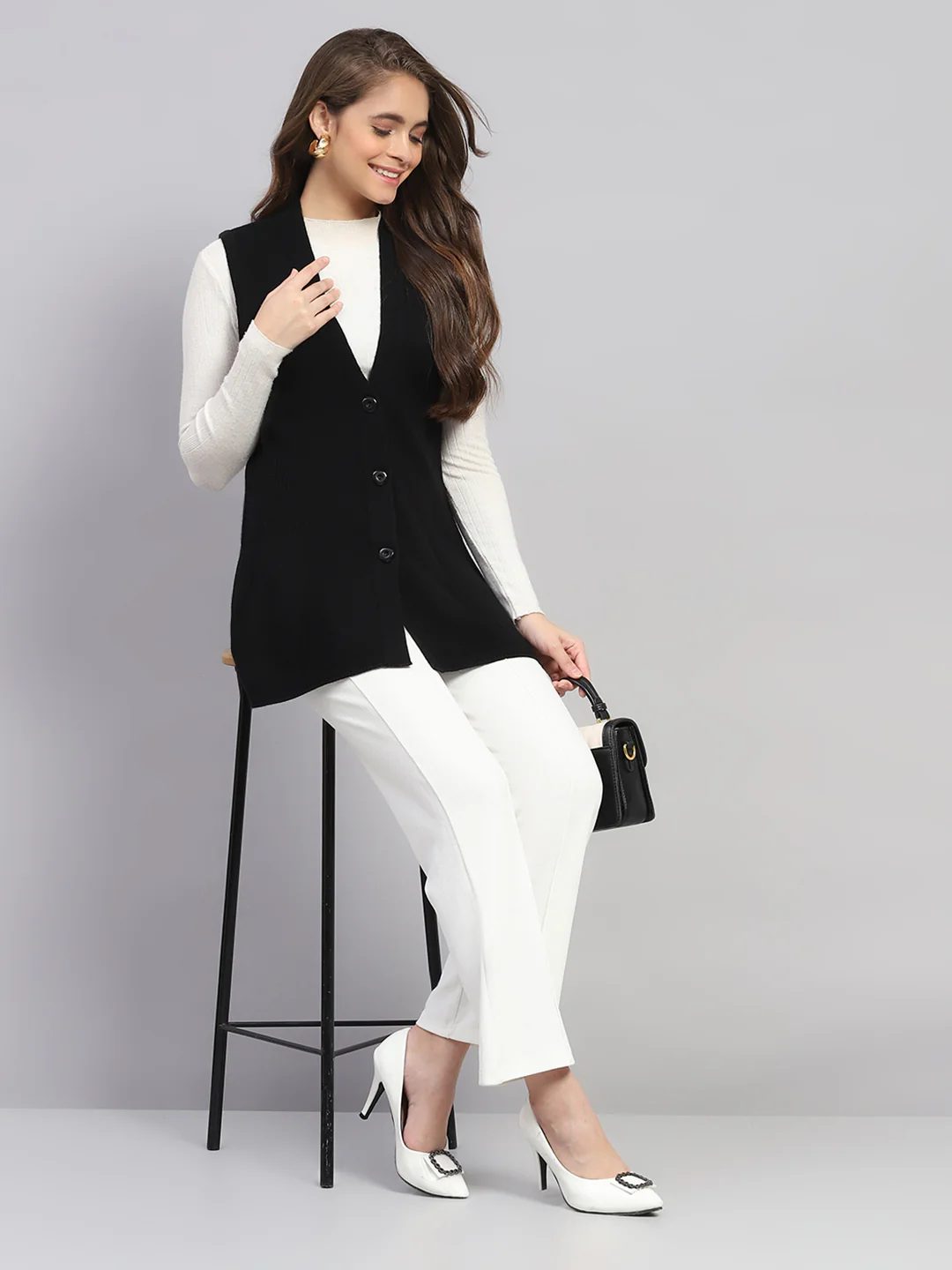 Women Black Self Design V Neck Sleeveless Cardigan - Image 5