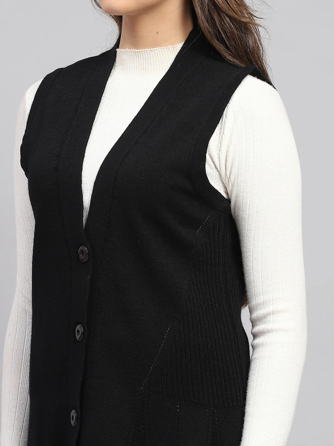 Women Black Self Design V Neck Sleeveless Cardigan - Image 7