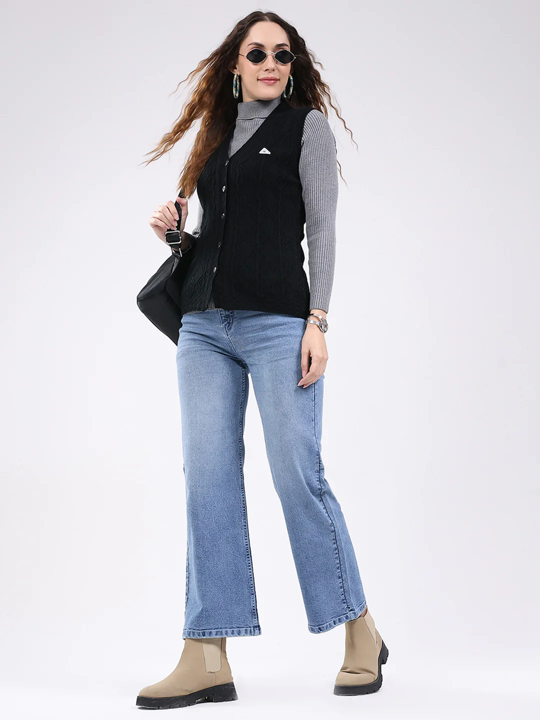 Women Black Self Design V Neck Sleeveless Cardigan - Image 2