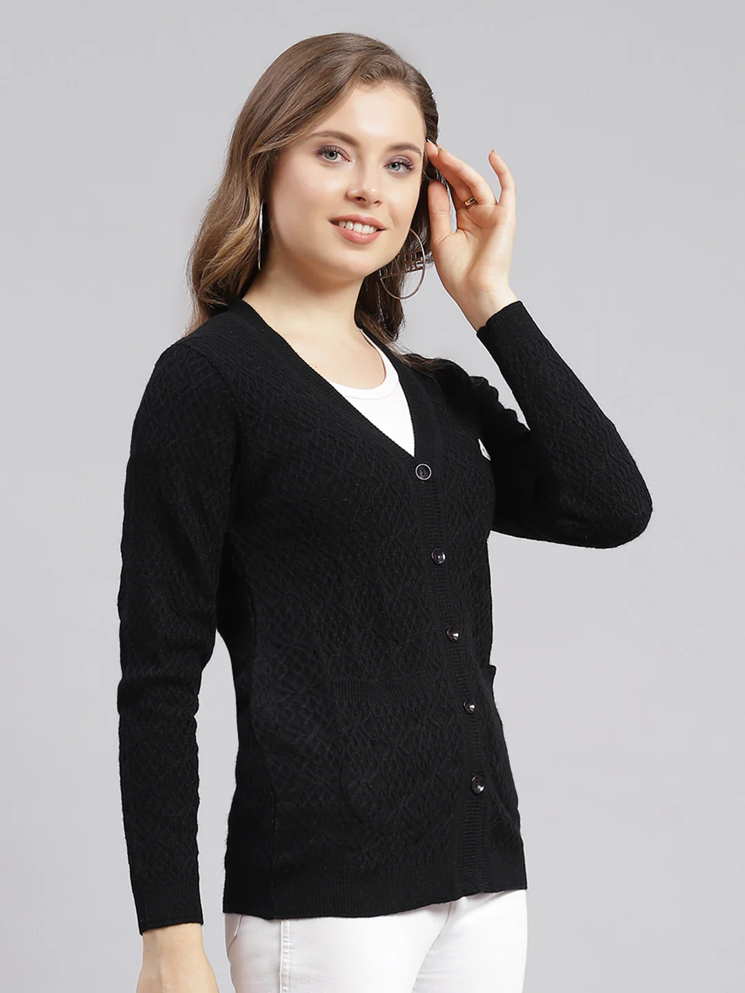 Women Black Self Design Wool blend Cardigan - Image 2