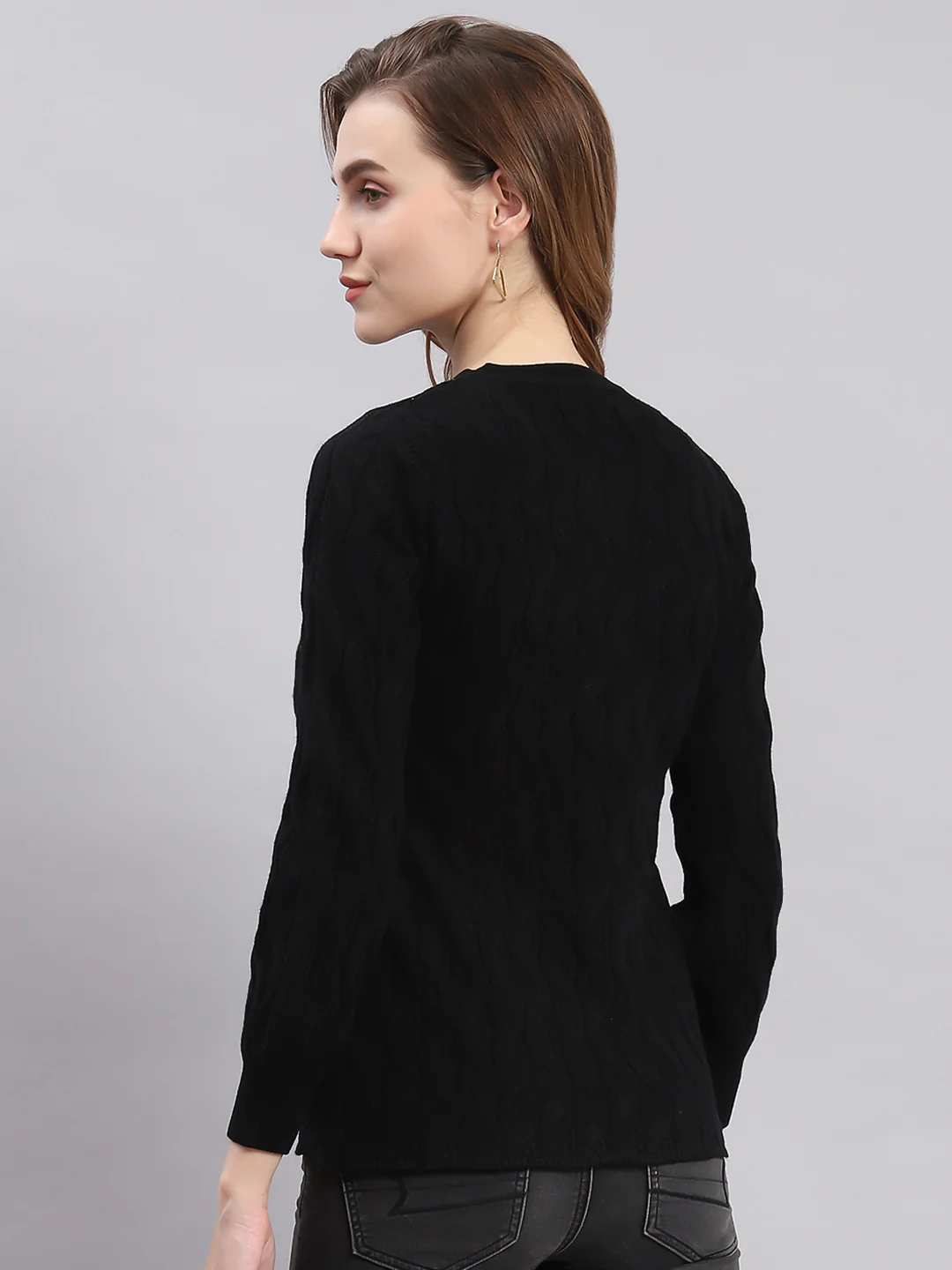 Women Black Self Design Round Neck Full Sleeve Cardigans - Image 5